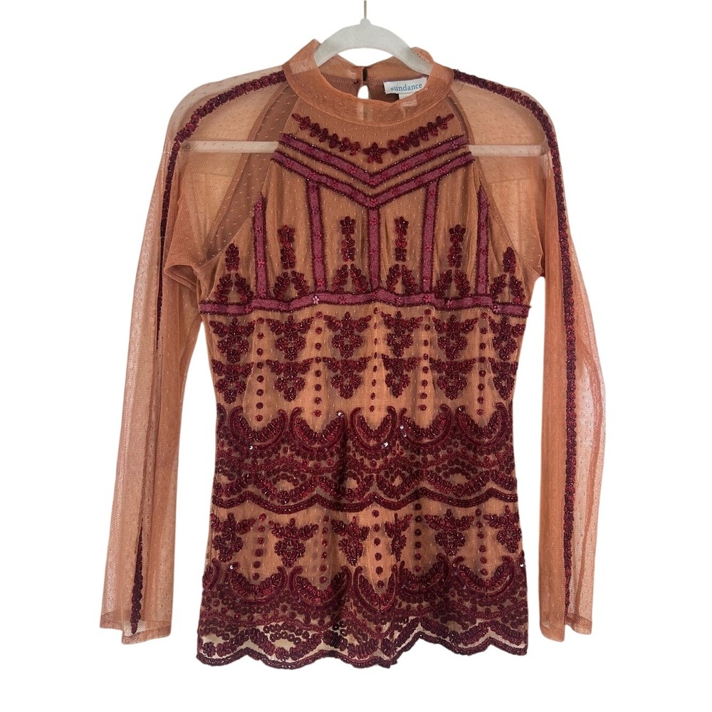Sundance Jourdan Beaded Embroidered‎ Mesh Blouse Sheer Wine/Red NWT XS